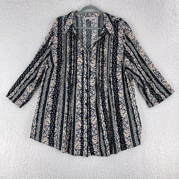Woman Within Black Floral Print Button-Up Shirt Womens 3/4 Sleeve V-Neck Size 1X - Picture 1 of 15